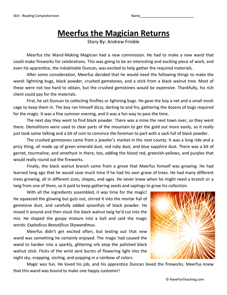 Meerfus The Magician Returns Reading Comprehension Worksheet Have Fun