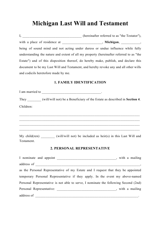 Michigan Last Will And Testament Template Download Printable PDF 