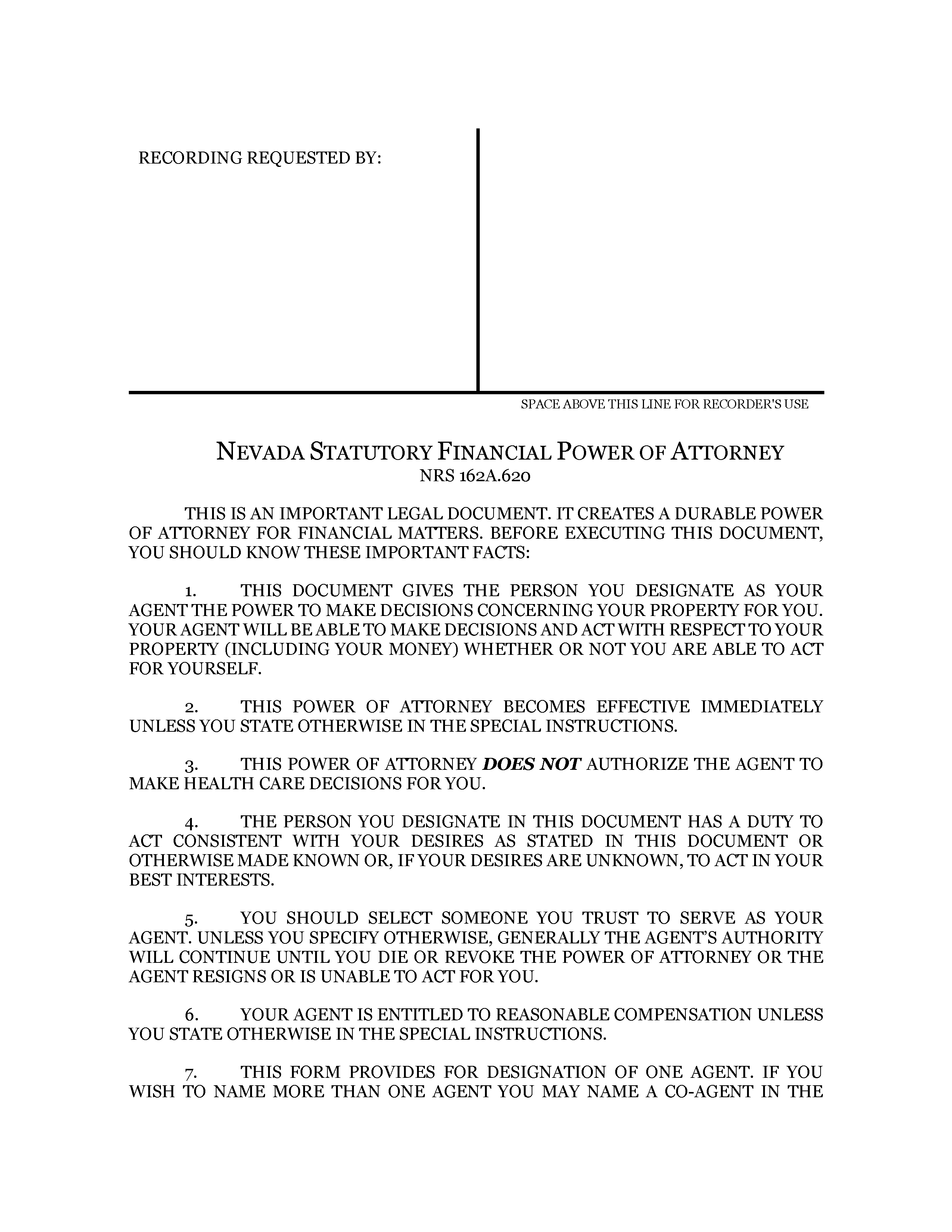 Nevada Financial Power Of Attorney Form Fillable PDF Free Printable 