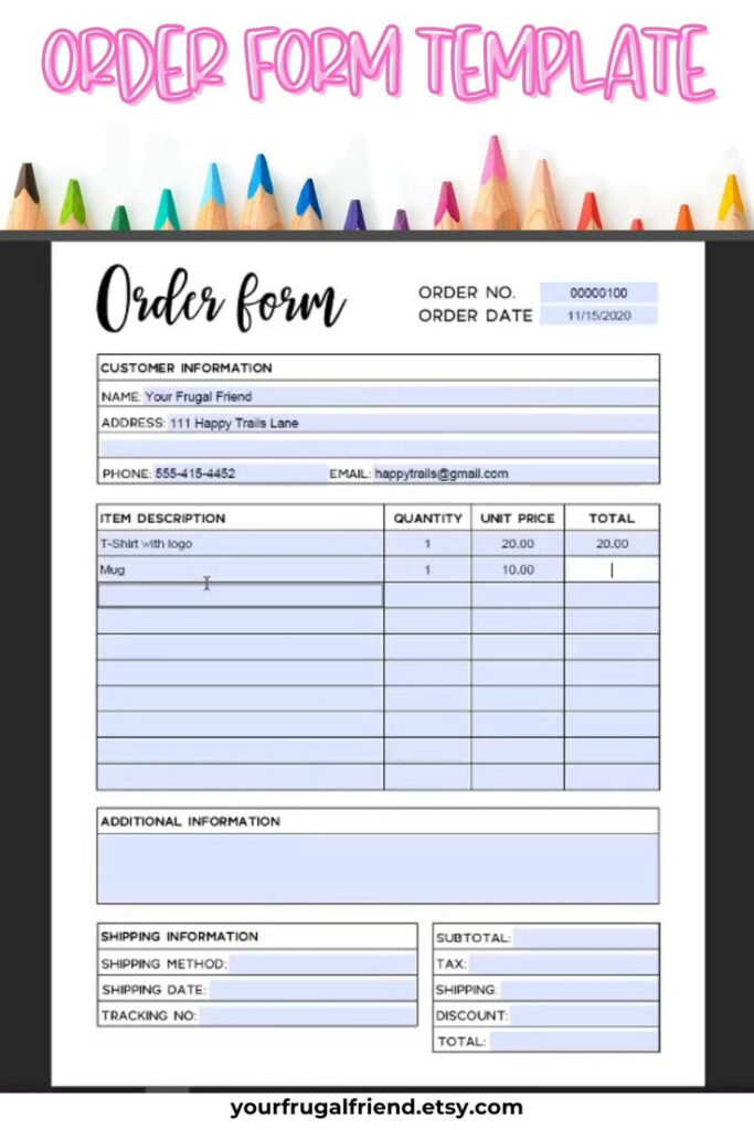 Order Form Template Editable Order Form Printable Editable PDF 