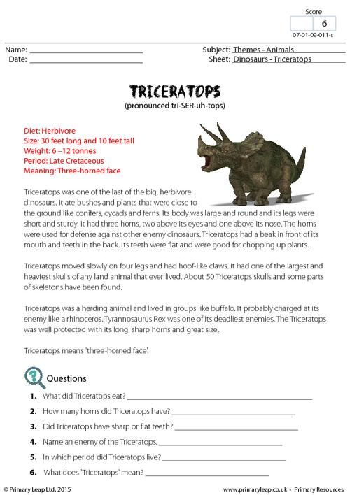 PrimaryLeap co uk Fact Sheet Triceratops Worksheet Dinosaur 