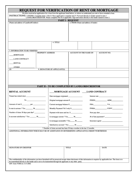 Request For Verification Of Rent Or Mortgage Form Printable Pdf Download