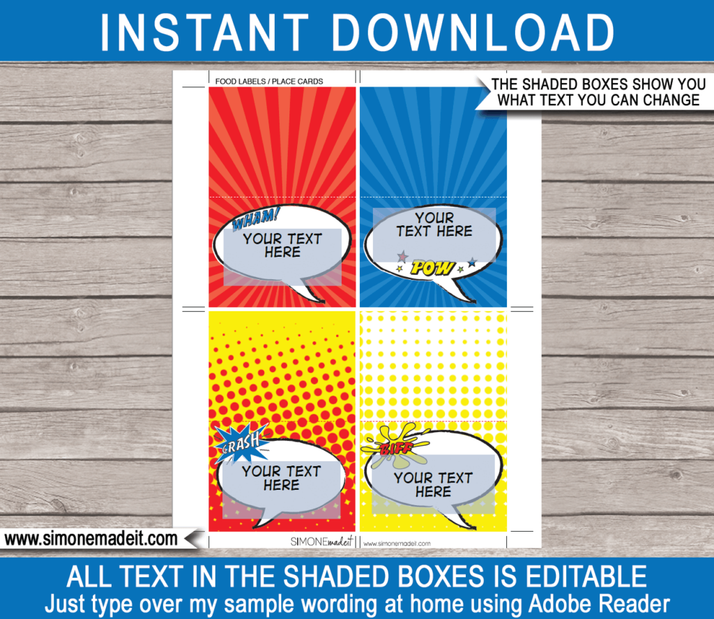 Superhero Party Food Labels Template Printable Birthday Decorations
