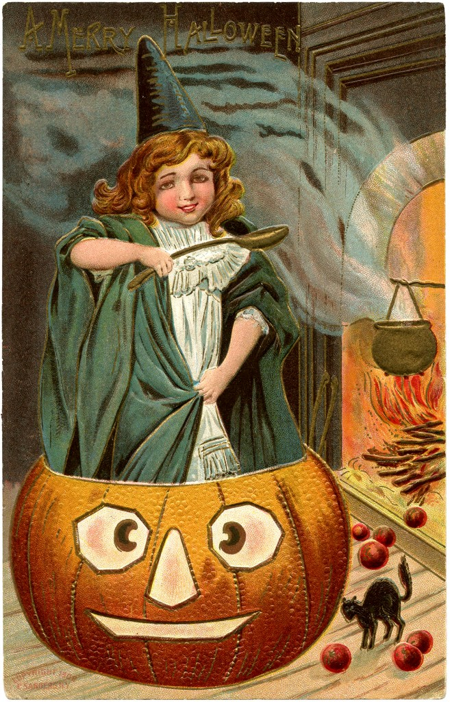 Vintage Halloween Picture Cute Witch With Pumpkin The Graphics Fairy