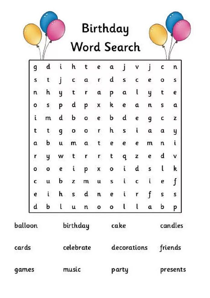 Word Search Printable Kids Learning Activity Birthday Words Word 